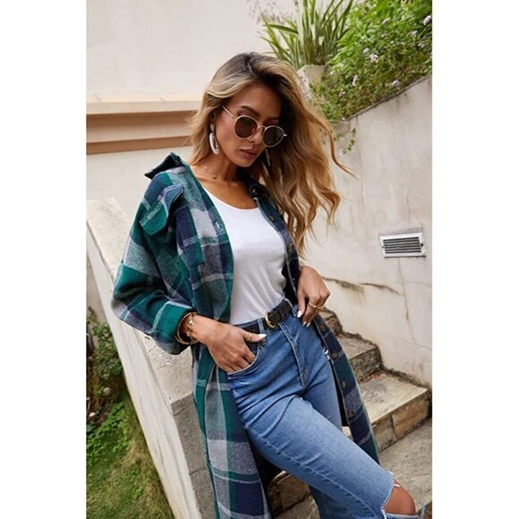 Casual Green Plaid Button Down Long Puff Sleeve Trench Coat Jacket Shacket Wool - Picture 6 of 10